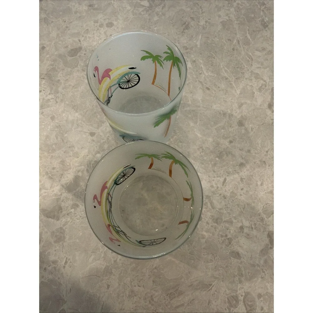 Culver Flamingo/ Palm Tree Frosted Glasses Vintage Set Of 2 Fun Pastel Colors.